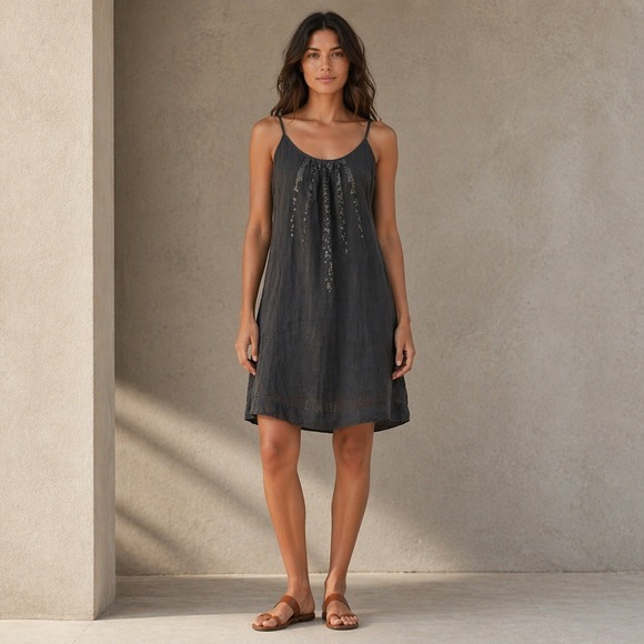 Eileen Fisher Dresses & Skirts - Eileen Fisher Beaded Cami Dress M Gray Sleeveless Linen Layering Organic Capsule